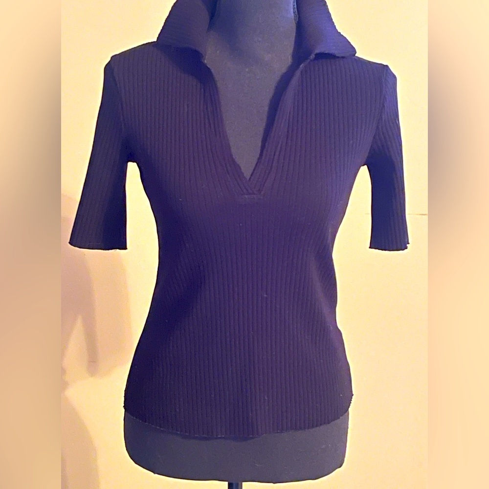 Cotton Citizen IBIZA Polo Ribbed Top 3 quarter sleeve in Deep Black size M.